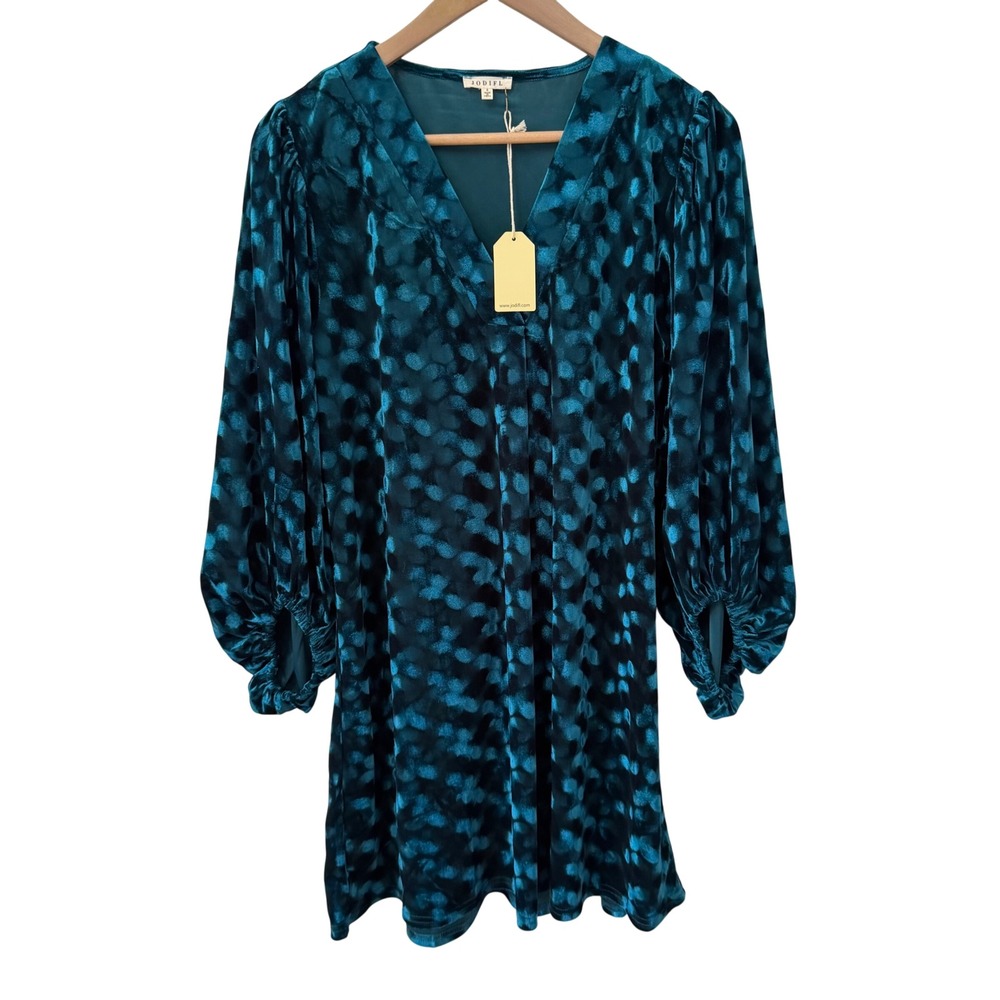 Jodifl Velvet Burnout Mini Dress S Teal Blue Balloon Sleeve V-Neck NWT